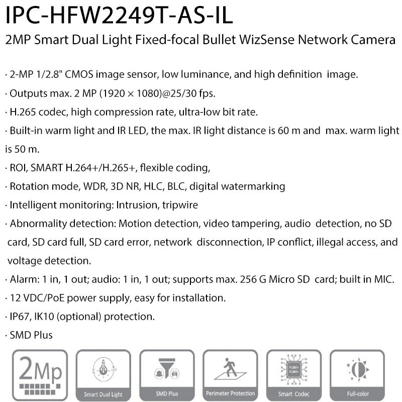 Dahua IPC-HFW2249T-KAIP IL 2MP Smart H. 265 Dviguba Šviesos Full IR 60M Kulka WizSense Tinklo Saugumo IP Kamera, Built in Mic