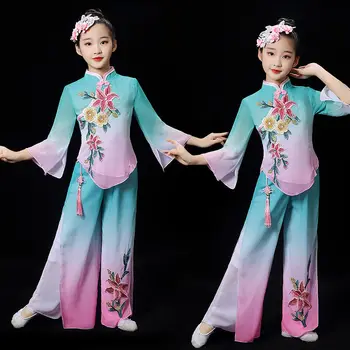 Vaikų Klasikinių Šokių Vienodas Mergaičių Siuvinėjimo Ventiliatorius Šokio Spektaklis Drabužius Etninių Kinų Stiliaus Šokių Drabužius LE708