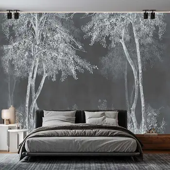 3D individualų juoda ir balta brėžinys stiliaus, abstrakčiai miško, modernus ir minimalistinis miegamasis, svetainė, sofa-lova, TV foną 
