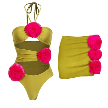 2023 Naujas Mados 3D Gėlių Spalvos Bloką Iškirpti Apynasrio vientisi maudymosi kostiumėlį ir Sijonas Vasaros maudymosi Kostiumėliai Moterų Paplūdimio Maudymosi Kostiumas