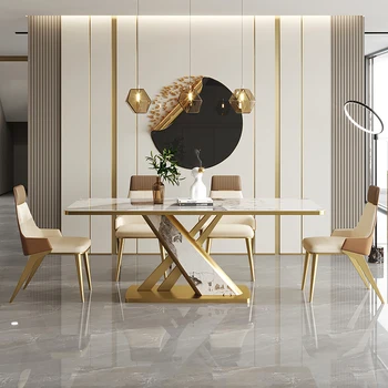 Italijos minimalistinis stalas 2023 naujų lengvųjų prabangūs baldai stačiakampio roko valdybos valgomasis stalas ir kėdės derinys