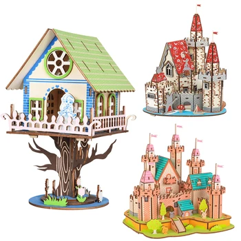Medienos Animacinių filmų 3D Medinės Dėlionės Rojus Princesės Pilis Žaislas Vaikams, Vaikų Mergaičių Tree House Modelio Namus Kambario Dekoro