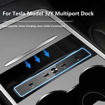 Už Tesla Model 3 Y 2021 2022 27W Greitas Įkroviklis, USB Perstūmimo Hub Protingas Docking Station Automobilio Adapteris Varomas Splitter Pratęsimo