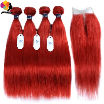 Remy Mėlyna Plaukų Bordo Ryšulius Su Uždarymo Tiesiai Brazilijos Plaukų 4 Ryšulius Su Uždarymo Raudona Remy Žmogaus Plaukų Pynimas Plėtiniai