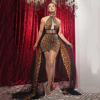 Seksualus Backless Apynasrio Leopard Gale Suknelė Moterims Dainininkas Blizgančiais Etape Dėvėti Gimtadienio Šou Šokio Kostiumų Festivalis Drabužiai