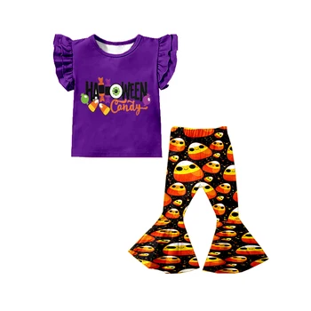 Naujas Pumpkin Halloween Apranga Mergaičių drabužius Pearl Rankovėmis Baisu Saldainiai Bell Bottom Kelnės Rinkiniai