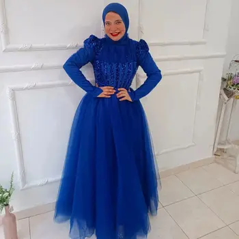 Mėlyna Prom Dresses Musulmonų Vakare Šalies Chalatai Aukšto Kaklo, ilgomis Rankovėmis Grindų Ilgis Blizgučiais Tiulio فساتين للحفلات الراقصة