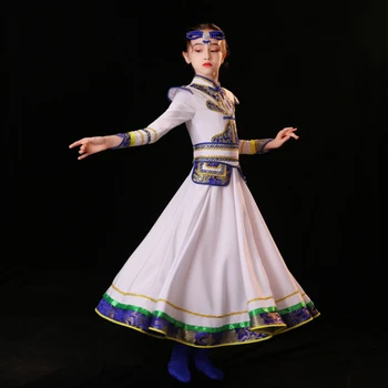 Mergina Tibeto Šokio Spektaklis Kostiumas Vaikas Mongolų Šokių Suknelė Kinijos Mongolijos Dancewear Folkloro Festivalis Tibeto Apranga
