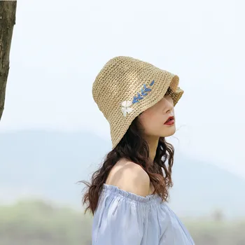 Madingas korėjos Versija Mažai Daisy Išsiuvinėti Šiaudų Skrybėlę Moterys Vasarą Sulankstomą Žvejo Skrybėlę nuo Saulės Skrybėlę Paplūdimio Skrybėlę