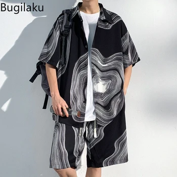 Bugilaku Nauja tendencija vasaros Honkongo stiliaus vyriški trumpi rankovėmis marškinėliai, 5/4 šortai vyriški laisvalaikio apmušalas dviejų dalių komplektas tendencija