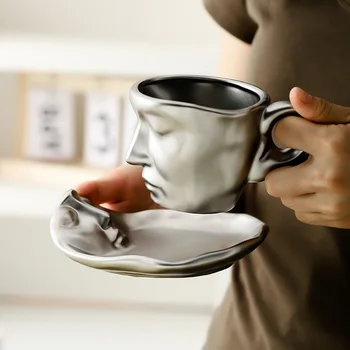 Gražūs Keramikos Puodelis Kavos Puodelį, Sidabro-metalo Išvaizdą Veido Formą Kavos Puodelis Arbatos Puodelio Kūrybos Dovana Draugams