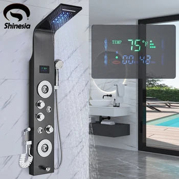 Shinesia LED Dušo sienelė Kritulių Vonios kambarys Skiltyje Maišytuvas prie Sienos tvirtinamas Dušo Sistemos Komplektas Su SPA Masažas Jet Bidė Purkštuvas