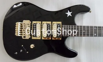 Custom Krame Star Juoda Elektrinė Gitara 3 Paėmimas Floyd Rose Tremolo Bridge Aukso Aparatūros Star Fingerboard Įklotai