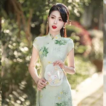 Elegantiškas Vasarą Ao Dai Cheongsam Retro Mados Saldus Dvigubo sluoksnio Šiuolaikinės Qipao Merginos Sijonas Kinų Stiliaus Suknelė Moterims