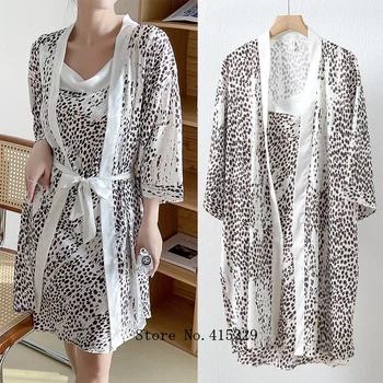 2023 Naujas Chalatas, Kostiumas Seksualus Leopard Chalatas Moterims Satino Naktiniai Drabužiai Chemise Pižamą Apatinis Trikotažas Minkštas Homewear Kimono Loungewear