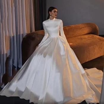 Prabangaus Satino Vestuvinių Suknelių Mados Ilgomis Rankovėmis Paprasta Aukštos Apykaklės Prabanga Purus Princesė Stilius, Mopping Nuotakos Suknelės 2023