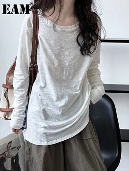 [EAM] Moterys, Balta Kelių Spalvų Didelis Dydis Atsitiktinis marškinėliai Naujas Apvalios Kaklo, ilgomis Rankovėmis Mados Banga Pavasario Rudens 2023 1DH0559