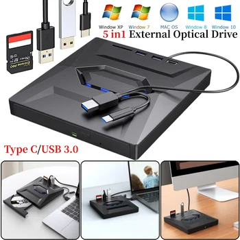 5 in1 USB 3.0/C Tipas Išorinis DVD / CD RW Optinis įrenginys VCD Grotuvas Diską, DVD įrašymo įrenginį Skaitytuvas su SD/TF Uosto Nešiojamas KOMPIUTERIS