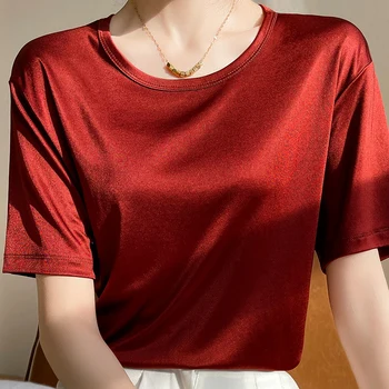 Triacetatas T-Shirt Moterims 2023 Naujas Vasaros Nišą Dizaino Prasme Ledo Šilko Prašmatnus Tencel T Raudonas ir Juodas Vaiskiai Balta trumpomis Rankovėmis