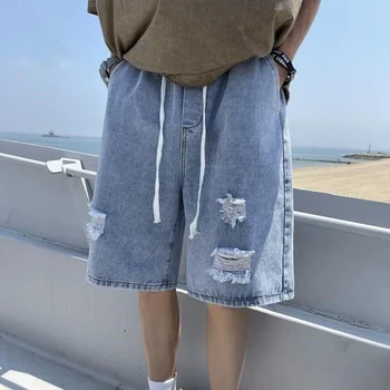 Korėjos hip-hop stiliaus gatvės drabužiai, Harajuku nuplyšęs džinsinio šortai, madinga vintage universalus prarasti tiesiai atsitiktinis kelnės