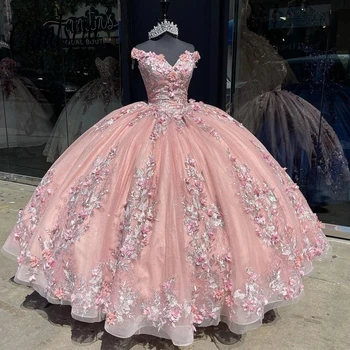 Rožinė Charro Quinceanera Suknelės Kamuolys Suknelė Brangioji Tiulio Appliques Gėlės, Uždusęs Meksikos Saldus 16 Suknelės 15 Anos