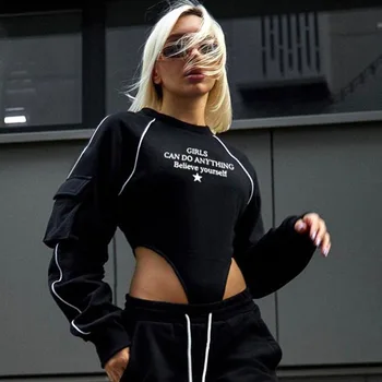 Mados Moterų Sexy ilgomis Rankovėmis Apvalios Kaklo Bodysuit tankų Vasaros Letter Spausdinimo Hip-Hop Streetwear Y2K Marškinėliai