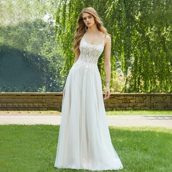 Elegantiškas Stebėjimo A-Line Wedding Dresses Spagečiai Dirželiai Nėrinių Appliques Vestuvinės Suknelės Pagal Užsakymą Pagaminti Chalatas De Mariée
