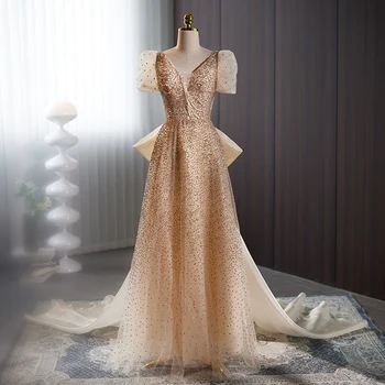 Vakarinę Suknelę Šampano Trumpomis Rankovėmis, Grindys-Ilgis, V-Kaklo Lankas Nėriniai-Line Blizgančiais Naujas Tiulio Šalis Oficialią Suknelės Moteris B2704