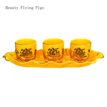 Kinų keramikos paauksuotas puodeliai buitinių aukos, trys viename puodeliai, penkių vienos taurės, papuošalai feng shui Budizmas