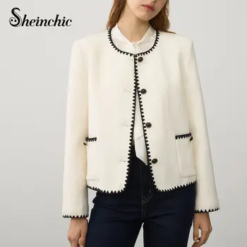 Klasikinė Balta Juoda Kratinys Jaqueta Feminina 2023 Korėjos Mados Elegantiškas Trumpas Vilnos Kailis Rudens Žiemos Drabužių Outwear