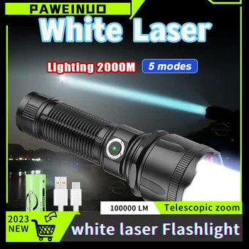 NAUJAS Galingas LED Žibintuvėlis Baltos spalvos Lazerio Taktinis Flash Šviesos USB Įkraunamas Žibintuvėlis 2000M Ilgo Nuotolio Lempos Kempingas Žibintų
