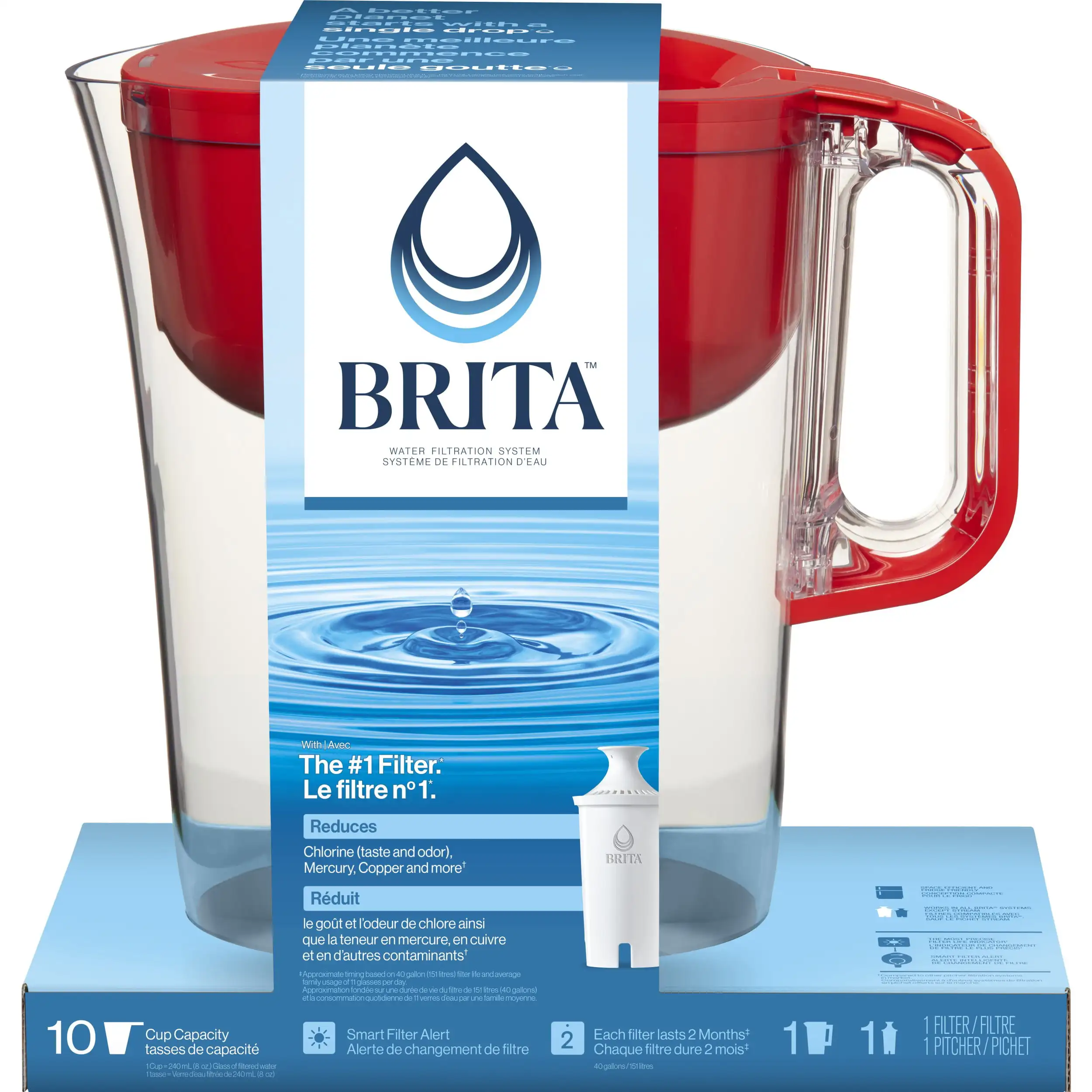 Brita Didelės 10 Puodelio Vandens Filtras Ąsotis su 1 Standartinis Filtras, Pagamintas Nenaudojant BPA, Huron, Raudona