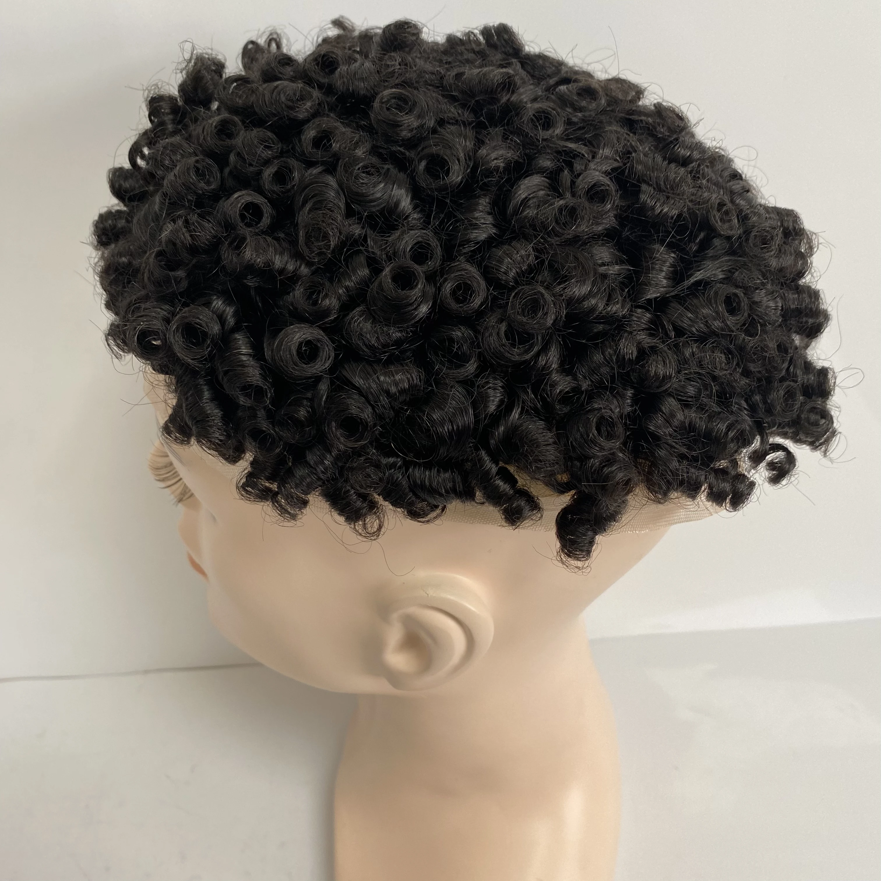 Brazilijos Mergelių Žmogaus Plaukų Pakeitimas #1b 15mm Curl 7x9 Toupee Visiškai Nėrinių Vienetai, Juodosios Vyrai