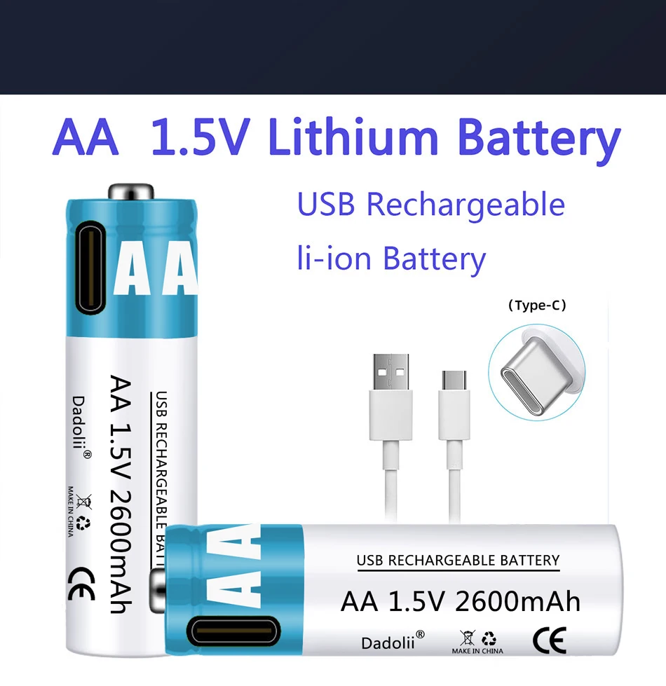 Didelė talpa 1,5 V AA 2600 mAh USB li-ion baterija nuotolinio valdymo pelės mažas ventiliatoriaus Elektros žaislas baterija + Kabelis