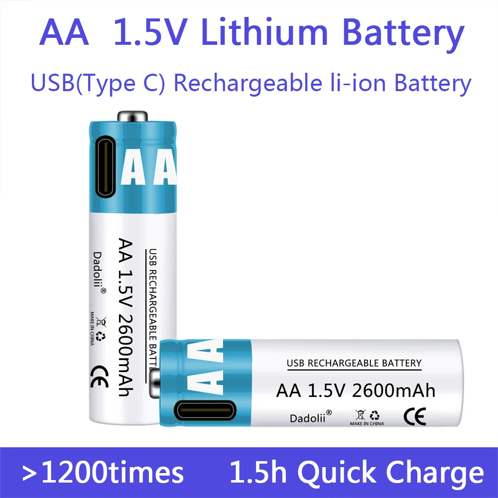 Didelė talpa 1,5 V AA 2600 mAh USB li-ion baterija nuotolinio valdymo pelės mažas ventiliatoriaus Elektros žaislas baterija + Kabelis