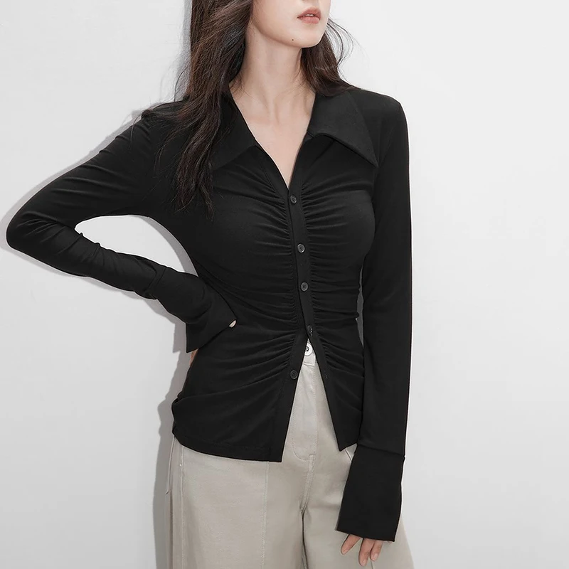 Rimocy Office Ilgomis Rankovėmis Slim Fit Marškinėliai Moterims 2023 Korėjos Plisuotos Vieną Krūtinėmis Palaidinė Moteris Pasukite Žemyn Apykaklės Liesas Marškinėliai