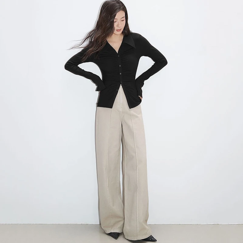 Rimocy Office Ilgomis Rankovėmis Slim Fit Marškinėliai Moterims 2023 Korėjos Plisuotos Vieną Krūtinėmis Palaidinė Moteris Pasukite Žemyn Apykaklės Liesas Marškinėliai