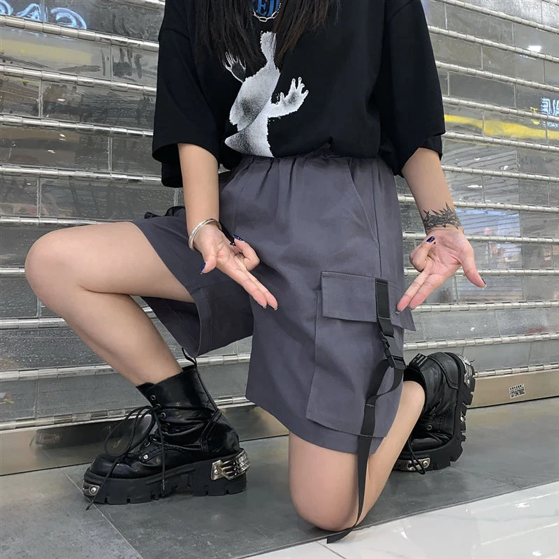 Xpqbb Gothic Black Krovinių Šortai Moterims Vasaros Streetwear Pora Pločio Kojų Šortai Moteris Harajuku Didelis Kišenės Kelio Ilgio Kelnės 4Xl