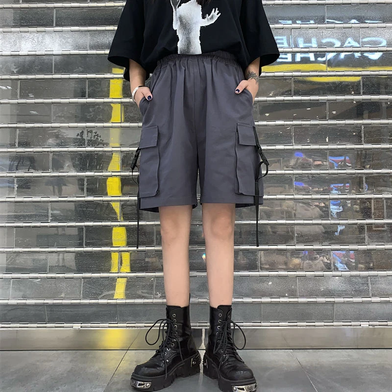 Xpqbb Gothic Black Krovinių Šortai Moterims Vasaros Streetwear Pora Pločio Kojų Šortai Moteris Harajuku Didelis Kišenės Kelio Ilgio Kelnės 4Xl